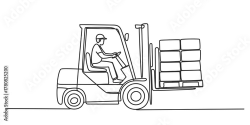 Continuous line art illustration of a forklift operator carefully transporting stacked cargo on a pallet, symbolizing efficient industrial logistics and warehouse operations.