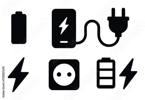 Electricity symbols: battery, plug, socket, and lightning icons on dark background