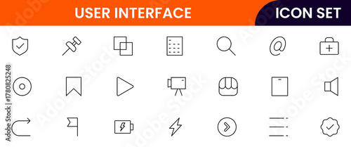 User Interface UI, UX web icons in line style. User, profile, message, mobile app, document file, social media, button, home, chat, arrow, collection. Vector illustration.