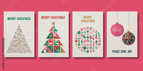 “Whimsical hand-painted retro folk art Christmas card collection with cheerful stylised Santa, decorative stars and rustic evergreen trees in vintage colour palette for nostalgic holiday greetings.”