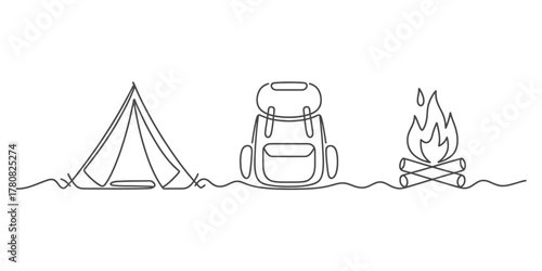 Continuous line art illustration featuring essential camping gear: a tent, a backpack, and a warm campfire, symbolizing outdoor adventure and nature exploration for travel.