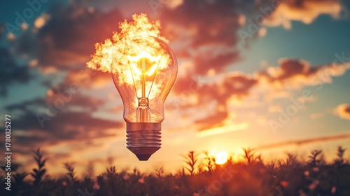 Conceptual image of a light bulb with rocket flames blasting off into the sky, symbolizing innovation, progress, and imagination