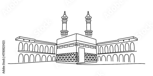 Line art illustration of the kaaba and masjid al-haram in mecca, saudi arabia, a sacred site for muslims, representing islamic pilgrimage, faith, worship.