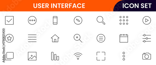 User Interface UI, UX web icons in line style. User, profile, message, mobile app, document file, social media, button, home, chat, arrow, collection. Vector illustration.