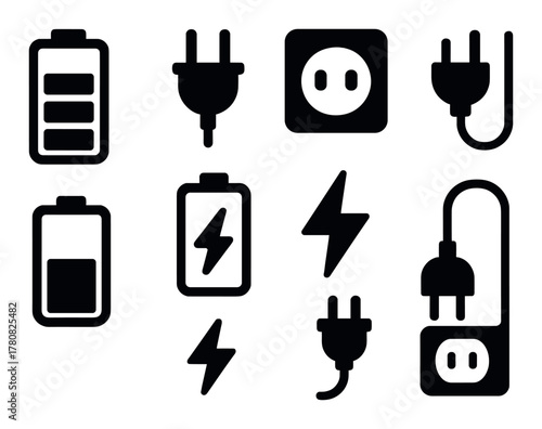 Vector icons: battery, plug, socket, voltage, electricity symbols in black