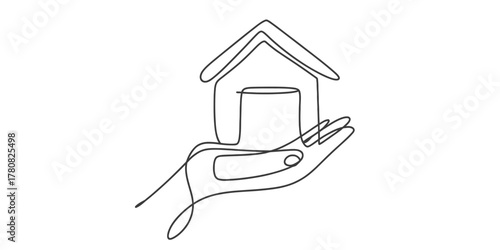 One continuous line drawing of a hand holding a house, symbolizing home ownership, property investment, real estate protection, and secure housing concepts.