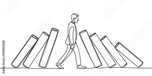 Man confidently navigating through a cascade of falling dominoes, symbolizing resilience, proactive problem-solving, and strategic control in adverse business conditions.