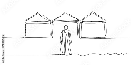 A continuous line drawing of a lone person in a traditional robe facing three tent structures, symbolizing spiritual journey, contemplation, discovery, and path.