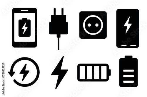 Charging icons set: battery, plug, socket, lightning, rotation symbols on dark background