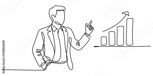 Continuous line drawing of a businessman presenting a growing bar graph, symbolizing financial success, data analysis, and an upward business trajectory.