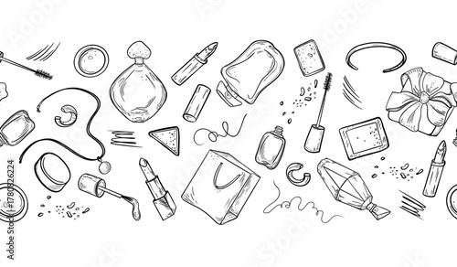Seamless vector border of perfume flacons, makeup items and scribbles. Hand drawn black white design for fashion magazines, gift wrap and beauty blog graphics. Monochrome girls items repeat pattern.