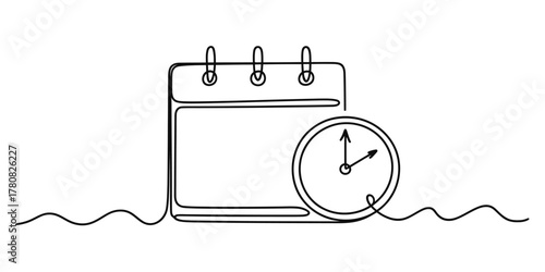 Continuous line art illustration of a calendar and a clock, symbolizing time management, scheduling, event planning, and deadlines in a clear, modern, minimalist design aesthetic.