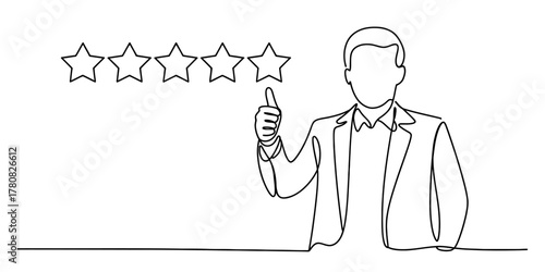 Line art illustration: a person giving a thumbs-up next to five empty stars, representing top-tier customer satisfaction, quality feedback, and positive review success.
