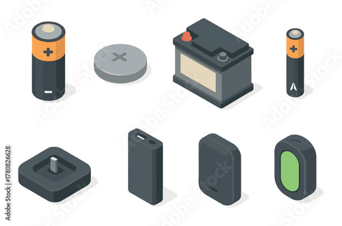 Various battery types and charging devices in isometric view