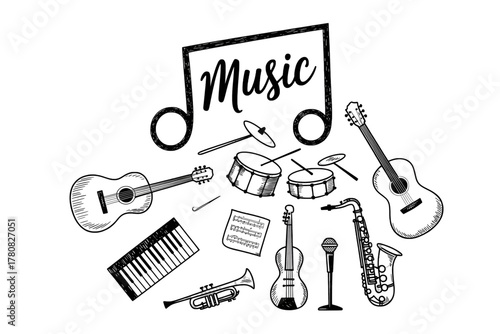 Hand-drawn music instruments illustration including guitar saxophone and drums vector design element for posters and music-themed designs isolated on white background