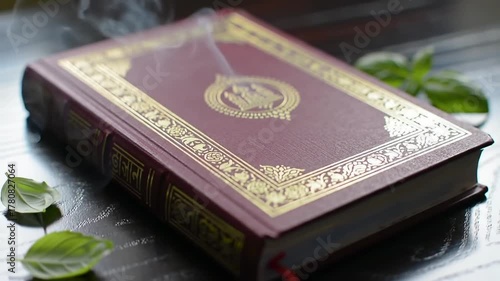 Sacred Bhagavad Gita Book with Tulsi Plant and Incense Smoke for Geeta Jayanti Celebration and Hindu Spirituality