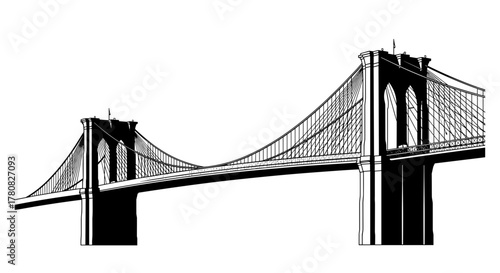 A striking black and white graphic illustration of the iconic Brooklyn Bridge isolated on a white background.