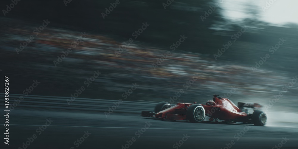 Obraz premium Red F1 racing car speeding through wet track with blurred crowd in rain. Concept of endurance, technology, race engineering, and automotive innovation under pressure.