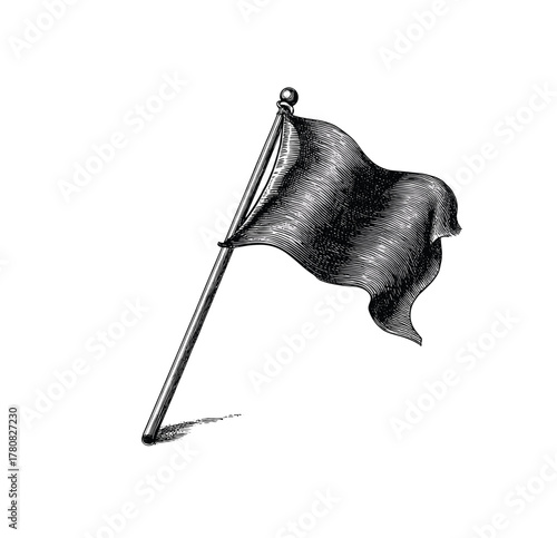 Vintage Engraving Black Waving Flag on Pole