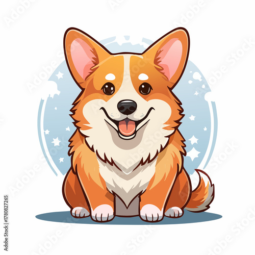 An adorable cartoon illustration of a happy Pembroke Welsh Corgi dog sitting and smiling cheerfully.