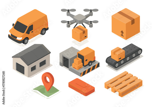 Isometric logistics icons: delivery van drone box warehouse transport