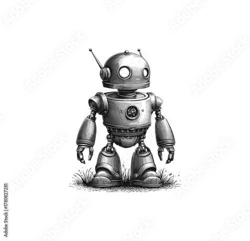 Vintage Engraving Cute Retro Robot Character
