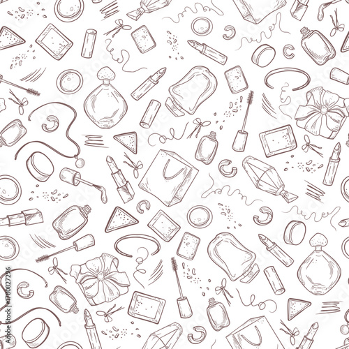 Makeup products black white vector seamless pattern. Hand drawn repeat background with perfumes and beauty items in line art. Monochrome repeat beauty blog background. Womens day seamless design.