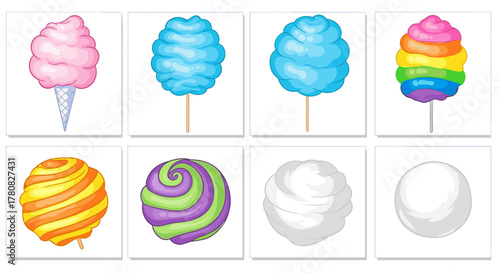 A collection of eight colorful cartoon cotton candy illustrations in various shapes and colors, isolated on a white background.