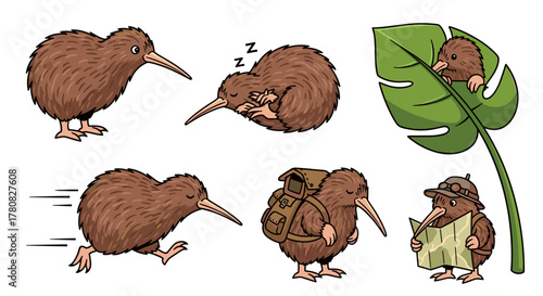 A charming collection of six cartoon kiwi bird illustrations depicting various activities like sleeping, running, and exploring.