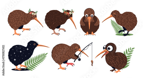 A collection of cute cartoon kiwi bird illustrations in various poses and styles.