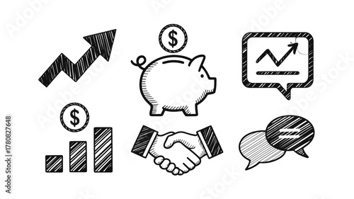Hand drawn business and finance icons vector illustration of growth chart piggy bank handshake and speech bubbles isolated on white background