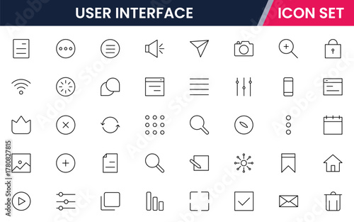 User Interface UI, UX web icons in line style. User, profile, message, mobile app, document file, social media, button, home, chat, arrow, collection. Vector illustration.