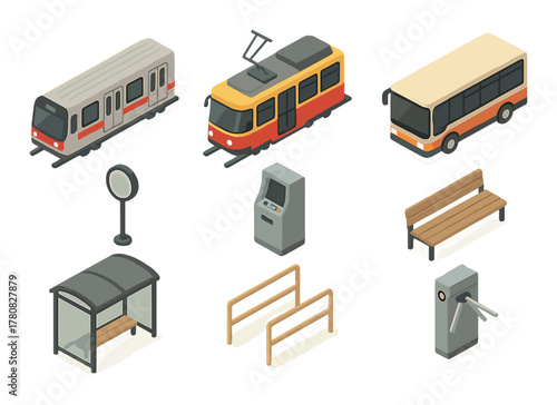 Isometric public transportation elements including train, tram, bus, shelter, bench, ticket machine, turnstile