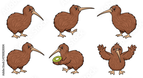 A set of six cute cartoon kiwi bird illustrations in various poses, isolated on a white background.