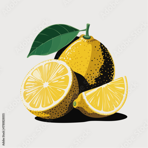 A vibrant vector illustration of a whole lemon with a leaf, a half lemon, and a lemon wedge on a plain background.