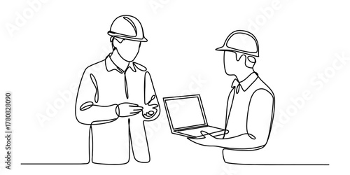Continuous line drawing of two construction engineers in hard hats discussing project plans with a laptop, emphasizing teamwork and digital collaboration on site for efficiency.