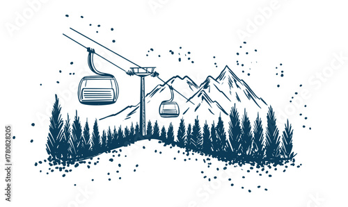 Ski lift in mountain, on white, sketch, hand drawn illustrations	
