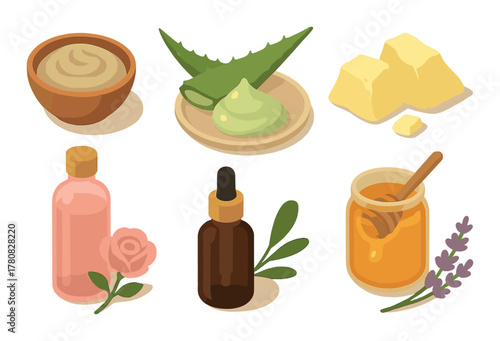 Natural skincare ingredients: aloe vera, shea butter, oils, honey, lavender