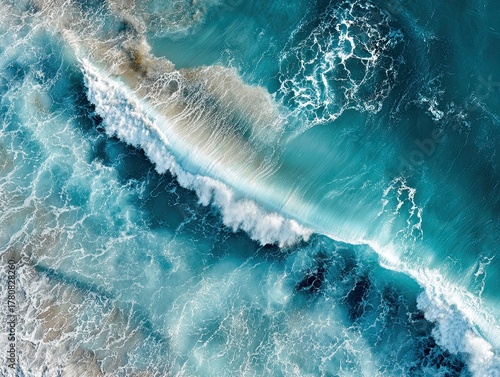 Minimalist aerial pattern of turquoise ocean waves and white foam textures, abstract ripples and water surfaces creating modern marine background composition.
