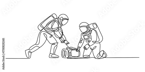 Continuous line drawing of two astronauts exploring and interacting with equipment on an extraterrestrial surface, symbolizing teamwork and discovery in space.