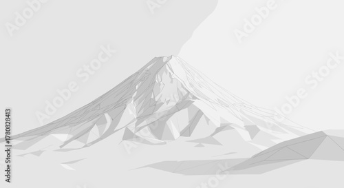A minimalist low-poly rendering of a white volcano erupting smoke against a clean background.
