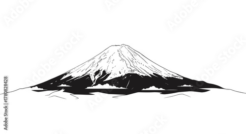 A minimalist black and white line drawing of Mount Fuji, showcasing its iconic snow-capped peak against a clean white background.