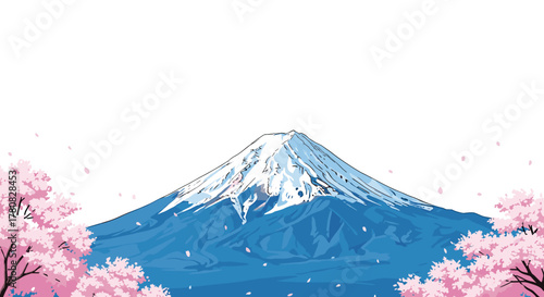 A beautiful illustration of Mount Fuji in Japan, framed by blooming pink cherry blossom trees.