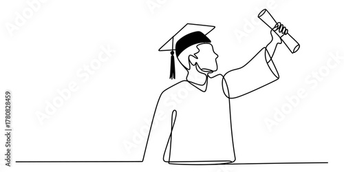 Continuous line drawing of a triumphant graduate student with academic cap and gown, proudly raising a diploma, symbolizing achievement and success in education and learning journeys.