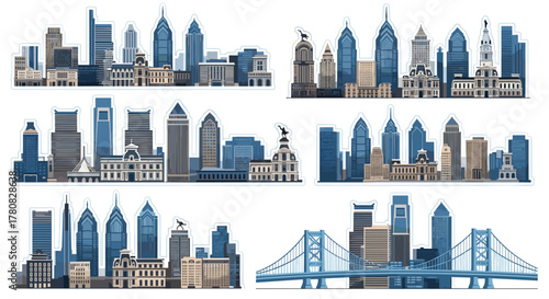 A collection of six vector illustrations depicting the Philadelphia city skyline and its famous landmarks.