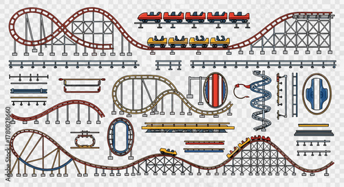 A comprehensive set of roller coaster construction elements, featuring various tracks, loops, supports, and cars for amusement park designs.