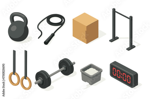 Isometric gym equipment with kettlebell, jump rope, rings, barbell, and timer