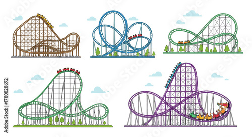 A collection of five different colorful roller coaster designs, illustrated in a vector style for an amusement park theme.