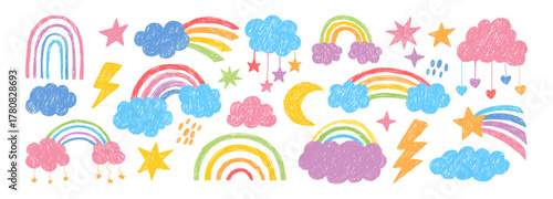 Doodle rainbow. Naive sketch color arc. Hand drawn kids pencil colored rainbow, stars, clouds, rain, hearts, tail. Sketch crayon childish arc shapes. Kid vector set