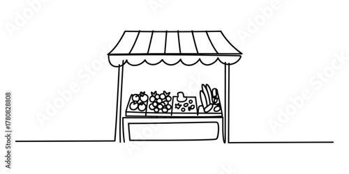 Minimalist continuous line art illustration depicting a market stall brimming with fresh fruits and vegetables, showcasing organic produce and local trade.